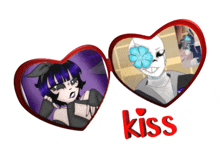 two hearts with pictures of a girl and a man and the word kiss below them