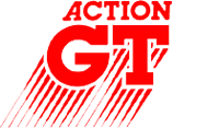 a red and white action gt logo