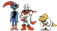 a pixel art drawing of papyrus , undertale and alphys