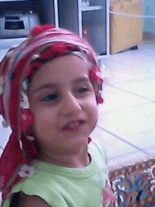 a little girl wearing a red hat and green shirt