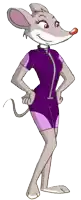 a cartoon mouse wearing a purple wetsuit is standing with her hands on her hips