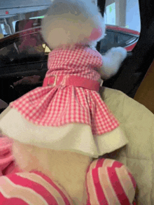 a stuffed animal wearing a pink and white dress is sitting in a car