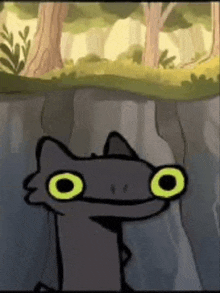 a cartoon cat with big green eyes is standing next to a tree in the woods .