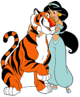 a cartoon drawing of jasmine hugging a tiger with the disney logo on the bottom right