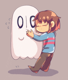 a cartoon of a girl hugging a ghost with the number 0 on it