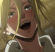 a close up of a blonde anime character with her mouth wide open