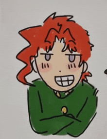 a drawing of a person with red hair and green arms