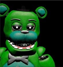 a green teddy bear with a bow tie and a black background