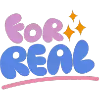 a logo that says " for real " in blue and pink