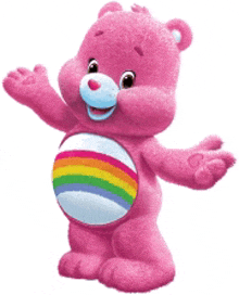 a pink care bear with a rainbow belly