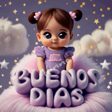 a little girl is sitting on a pillow with the words buenos dias on it