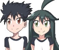 a boy and a girl are standing next to each other in a pixel art style