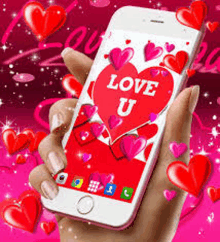 a hand is holding a cell phone with a heart on the screen that says love u .