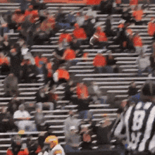 a blurred image of a football stadium with a referee wearing a black and white uniform with the number 60 on it