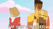 a cartoon of a man and a woman with the words " i 'm just stressed "