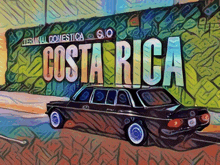 a painting of a car in front of a wall that says costa rica on it