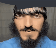 a man with a beard is wearing a blue shirt and has a wig on his head