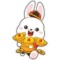 a cartoon bunny holding gold coins with the letter r on it