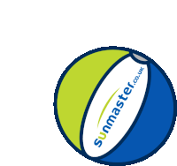 a blue and green beach ball with the sunmaster.co.uk logo on it