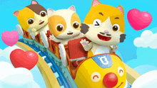 three cartoon cats ride a roller coaster together