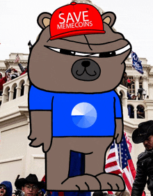 a cartoon bear wearing a save memecoins hat