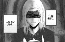 a black and white drawing of a woman with a blindfold and the words this shit