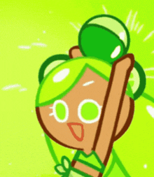 a cartoon girl with green hair is holding a green object