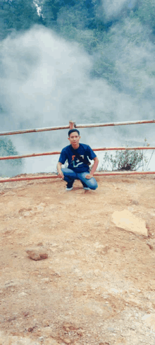 a man in a blue shirt with the letter f on it sits on a rock