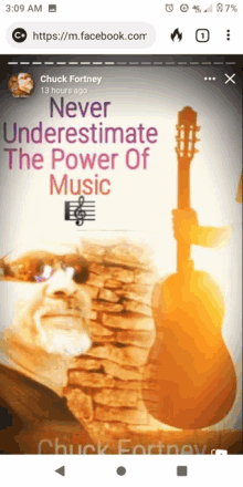 a picture of a man holding a guitar with the words " never underestimate the power of music "