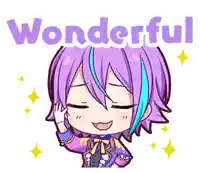 a cartoon character with purple hair and the words `` wonderful '' written above him