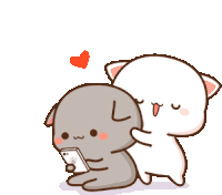 a cartoon of a cat hugging another cat while the cat is holding a cell phone