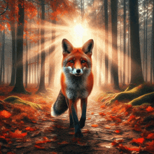 a fox walking through a forest with the sun shining through the trees behind it