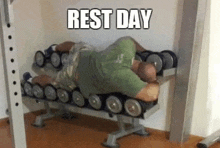 a man is laying on a row of dumbbells in a gym with the caption rest day .