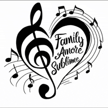 a treble clef in the shape of a heart with the words family amore sublime written inside of it