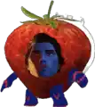 a strawberry with a man 's face and blue arms and legs .