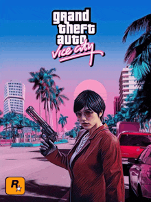 a poster for grand theft auto vice city features a woman holding a gun