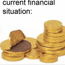 a stack of chocolate covered gold coins with the words current financial situation below