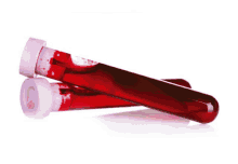 two test tubes of blood are stacked on top of each other on a white surface