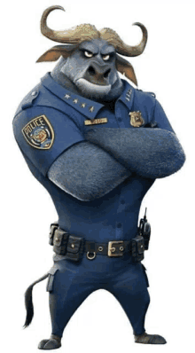 a cartoon buffalo police officer standing with his arms crossed