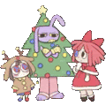 a group of cartoon characters are standing next to a christmas tree and a rabbit .