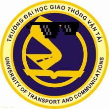 a logo for the university of transport and communications shows a man wearing sunglasses