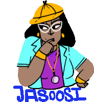 a cartoon of a woman wearing a yellow hat and a purple shirt with the word jasoosi on the bottom