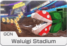 a video game advertisement for waluigi stadium shows a piranha plant with its mouth open