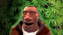 a cartoon character is standing in front of a marijuana plant and making a funny face .