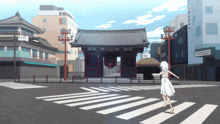 a girl in a white dress is crossing a street in front of a building with a sign that says ' tokyo '