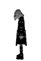 a black and white pixel art of a person with a scarf around their head standing on a white background .