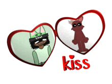 a couple of hearts with a picture of a cartoon character and the words kiss