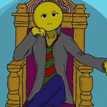 a cartoon drawing of a person sitting on a throne with a yellow face