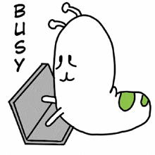 a cartoon of a worm using a laptop computer with the word busy above it .