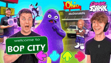 a man wearing headphones is holding a sign that says `` welcome to bop city '' next to a purple monster .